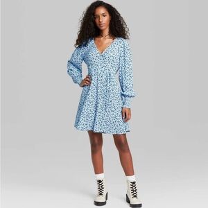 Women's Wild Fable Long Sleeve Faux Wrap Dress Light‎ Blue Floral Print Size XS